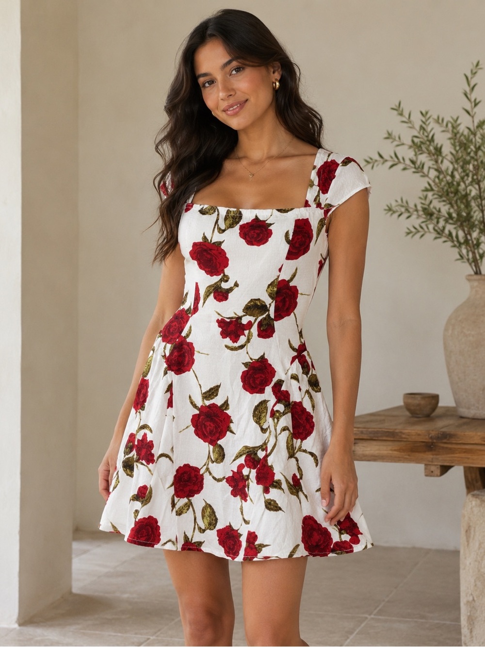 Cupshe white red rose floral mini dress medium NWT
